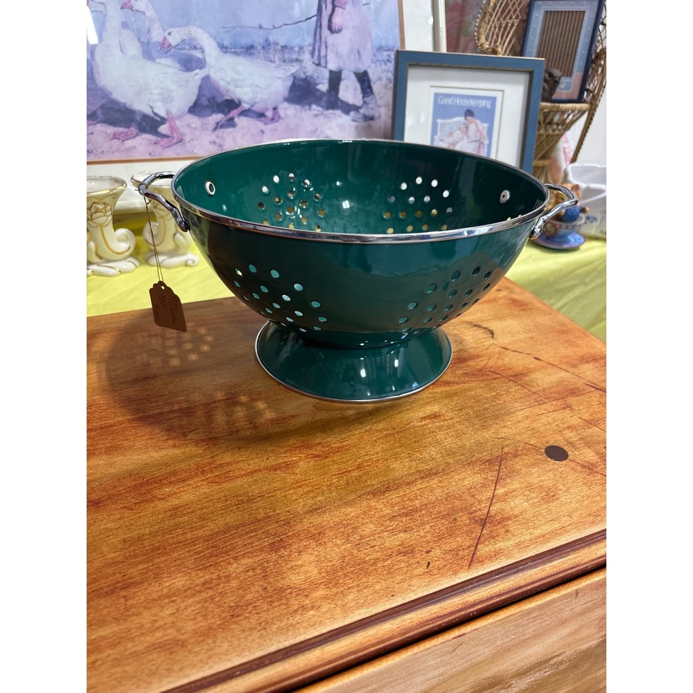 Hunter Green Enamel Colander Footed Metal Strainer with Chrome Handles 10 Inch